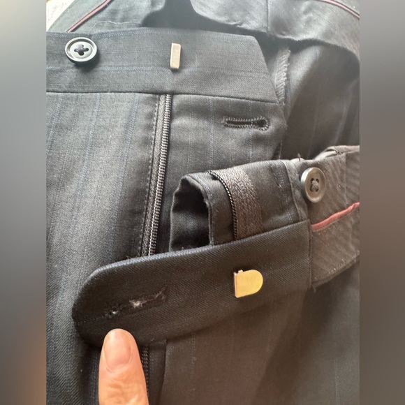 Classic Black Mens Pant Suit 100% Wool Dark Grey Blue Stripes - Picture 4 of 7